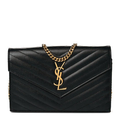 Saint Laurent Grain De Poudre Matelasse Chevron Monogram Chain Wallet Black 1 of 11