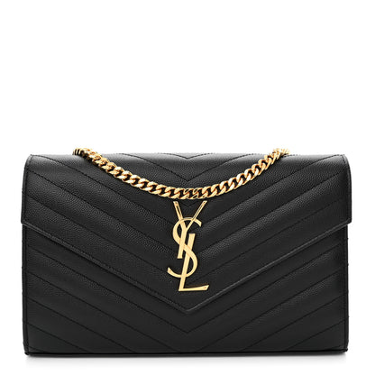 Saint Laurent Grain De Poudre Matelasse Chevron Monogram Chain Wallet Black 1 of 11