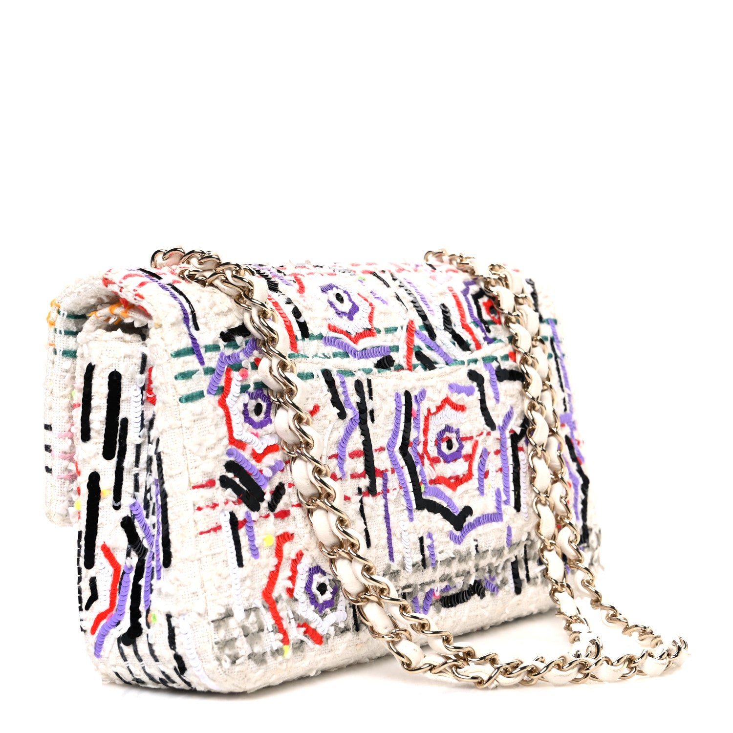 Chanel Tweed Braid Sequin Medium Double Flap White Purple Multicolor 3 of 10