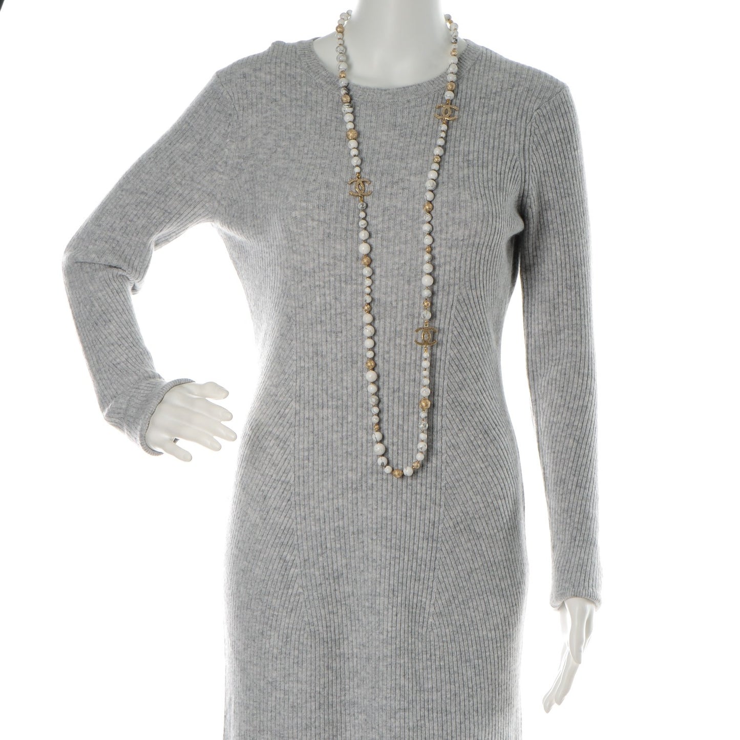 Marble Bead CC Long Necklace Gold White