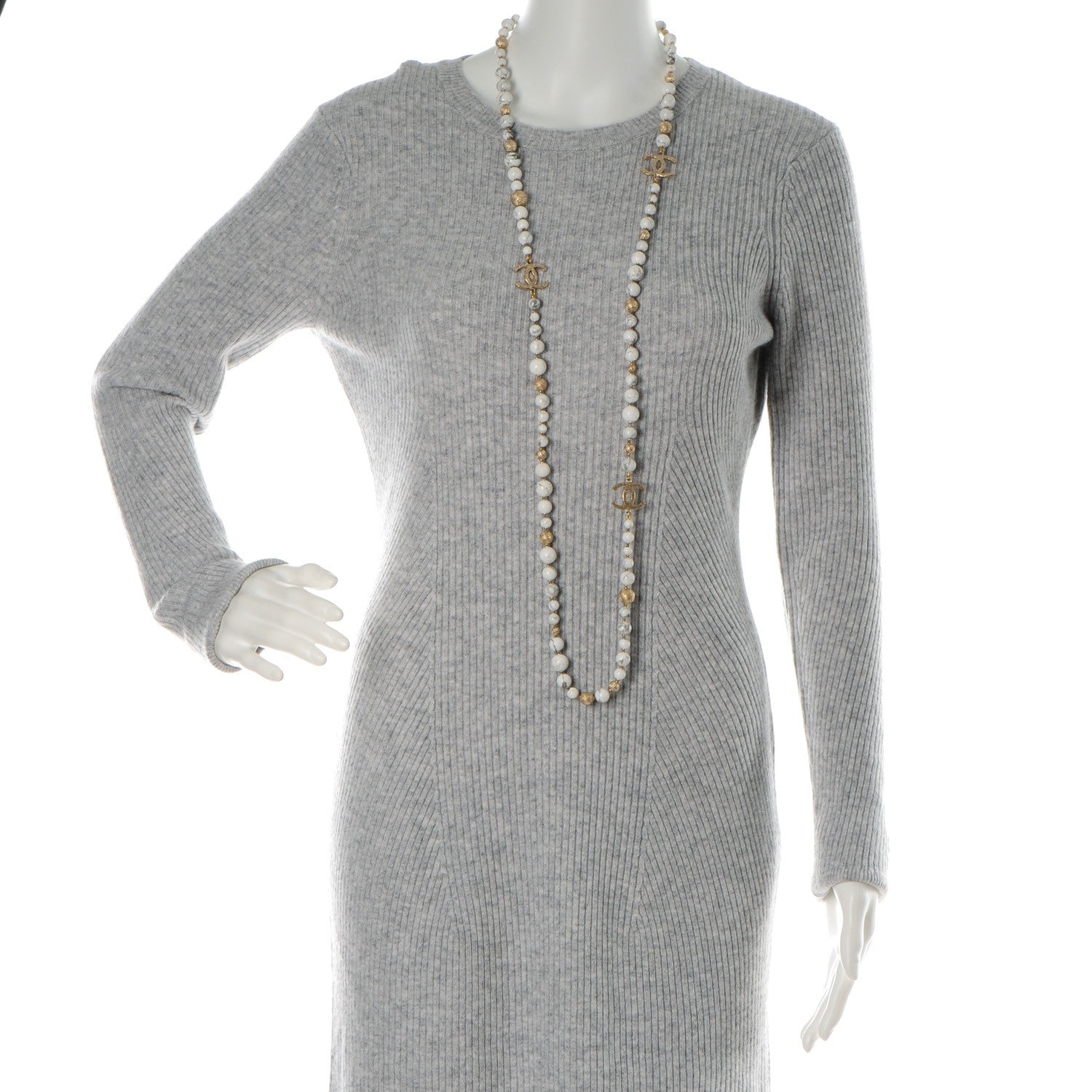 Chanel Marble Bead CC Long Necklace Gold White 2 of 5