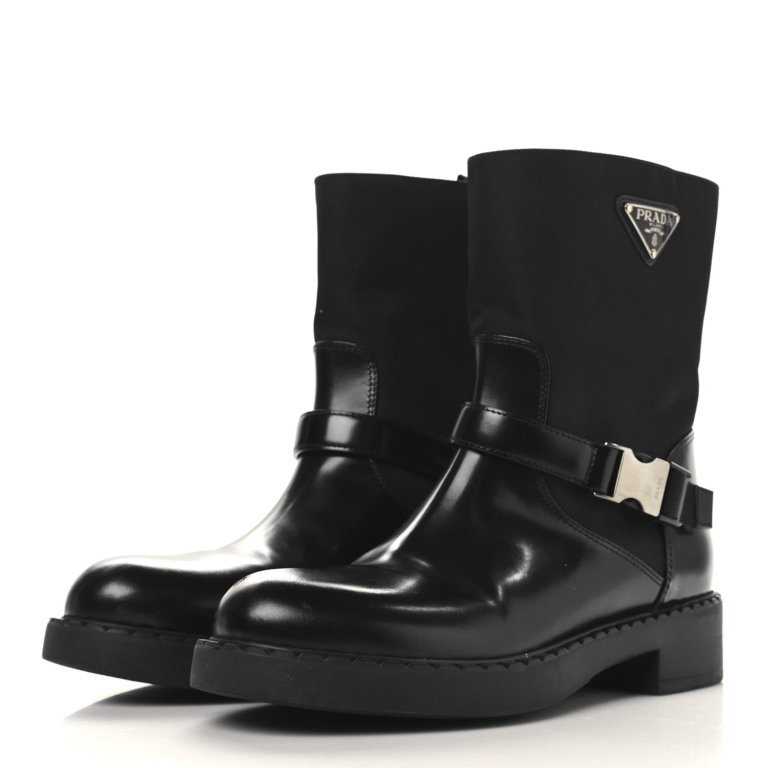 Prada Spazzolato Re-Nylon Metal Triangle Logo Buckled 50mm Biker Boots 40.5 Black 4 of 11