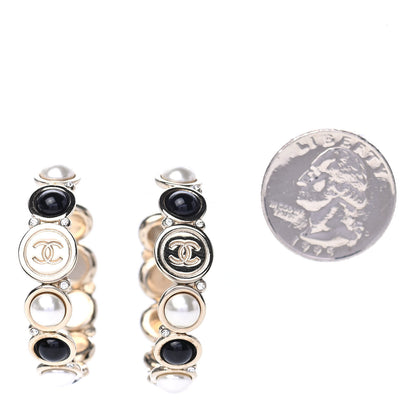 Chanel Crystal Pearl Metal Resin Polka Dot Hoop Earrings Gold Black 2 of 4