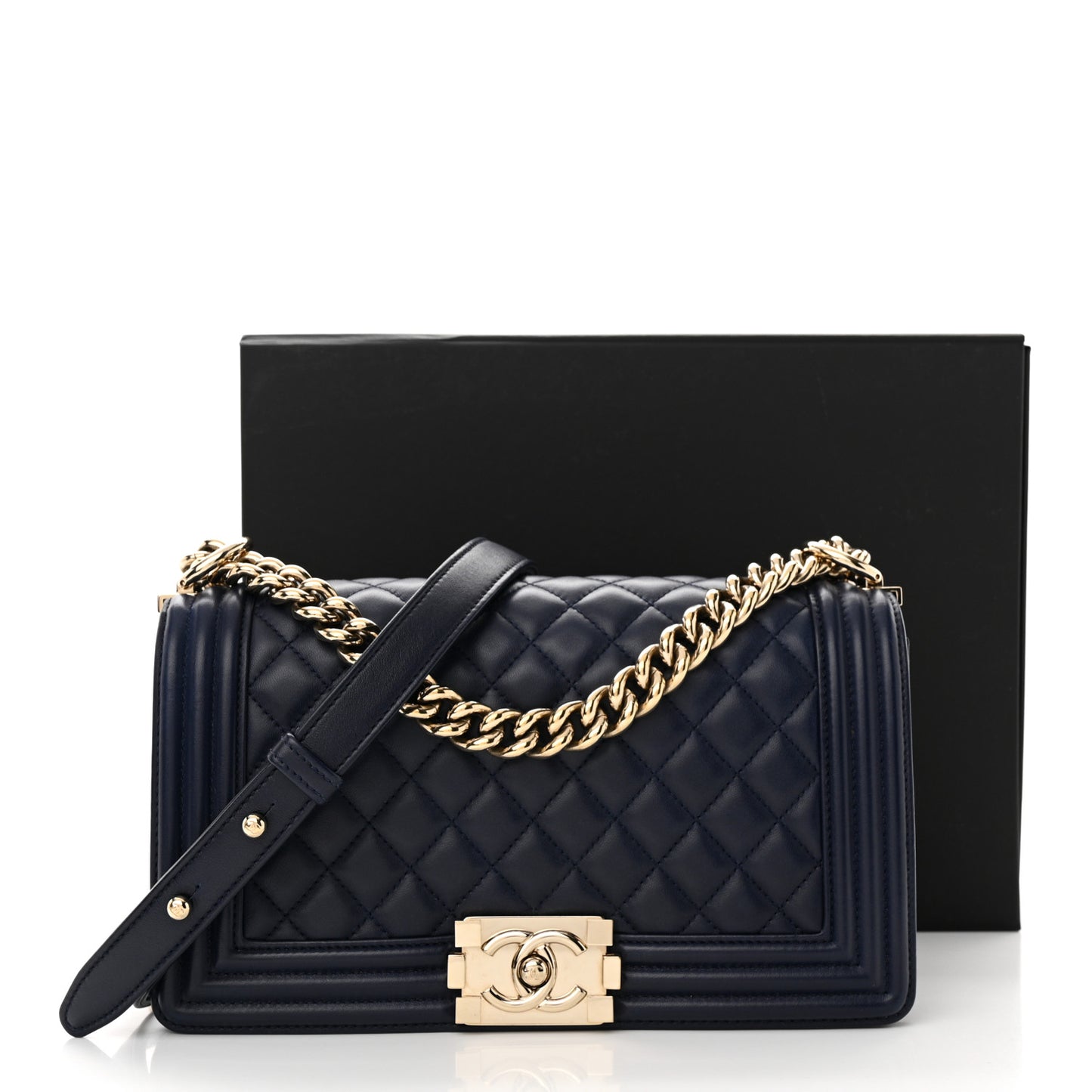 Lambskin Quilted Medium Boy Flap Dark Blue