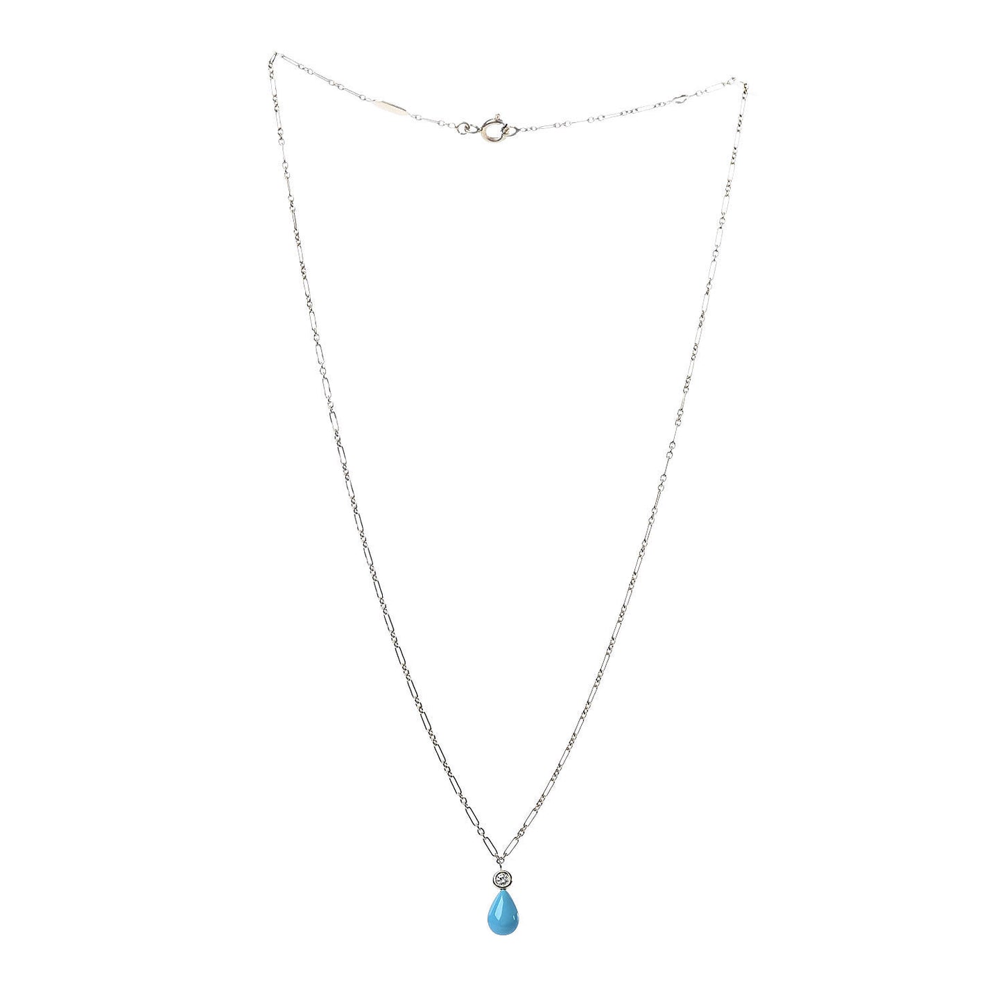 18K Yellow Gold Diamond Turquoise Drop Pendant Necklace
