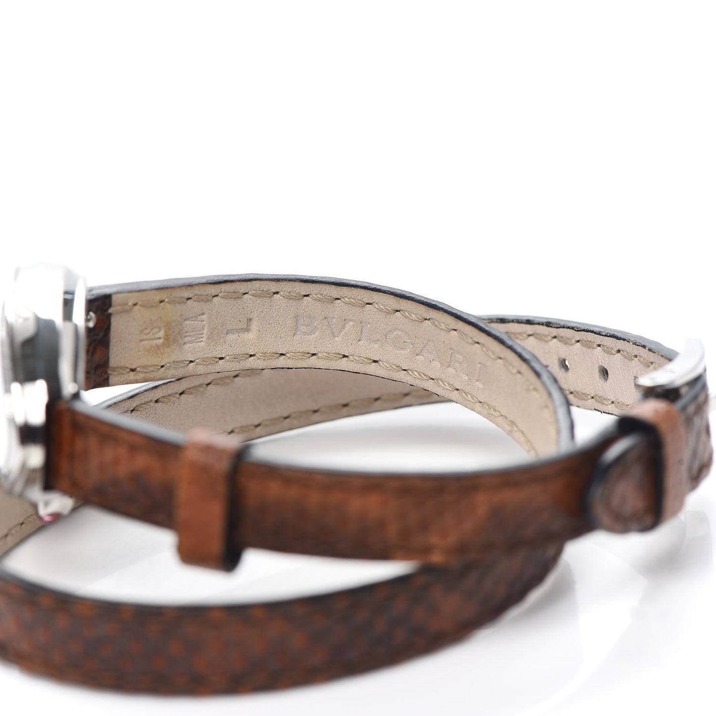 Stainless Steel Lizard Diamond Bezel Mother of Pearl 20mm Serpenti Double Wrap Quartz Watch Brown