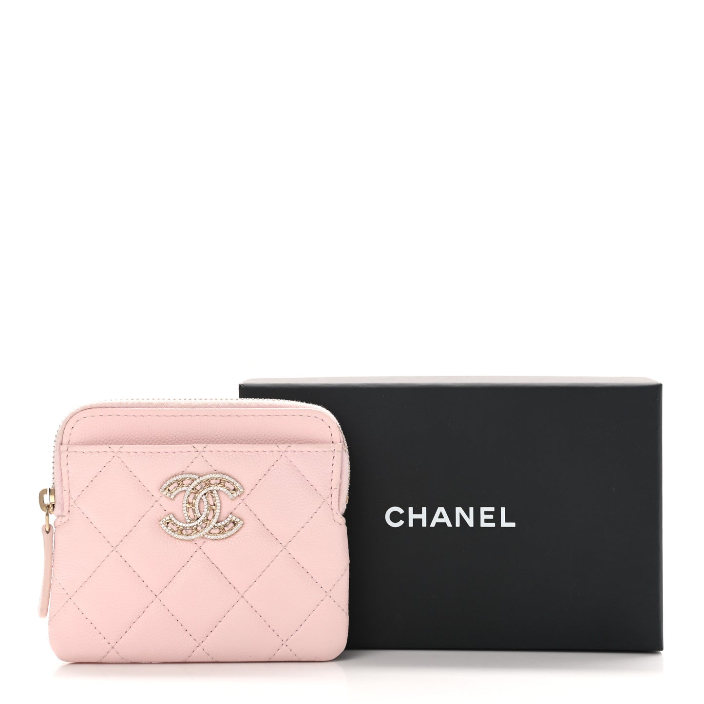 Caviar Quilted Crystal Zip Card Holder Wallet Light Pink