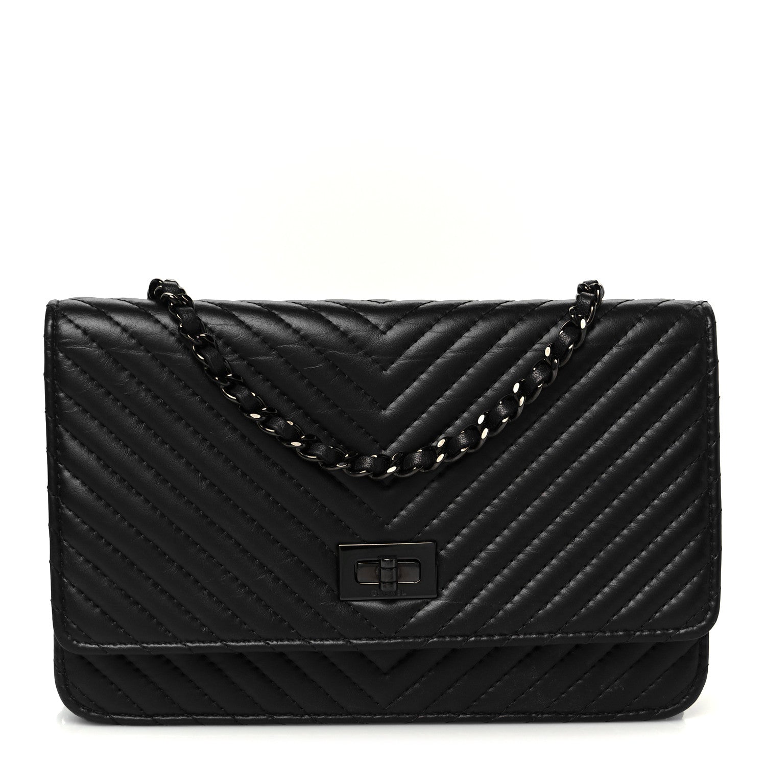 Chanel Sheepskin Chevron Reissue Wallet On Chain WOC So Black 1 of 11