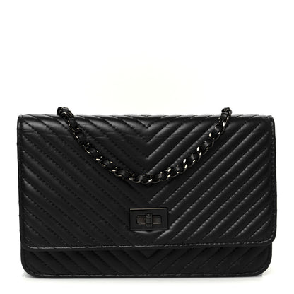 Chanel Sheepskin Chevron Reissue Wallet On Chain WOC So Black 1 of 11