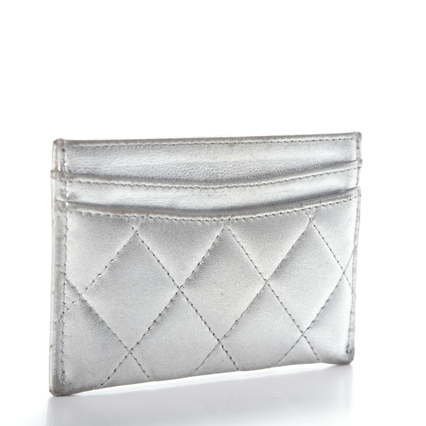 Metallic Lambskin Quilted CC Card Holder Silver