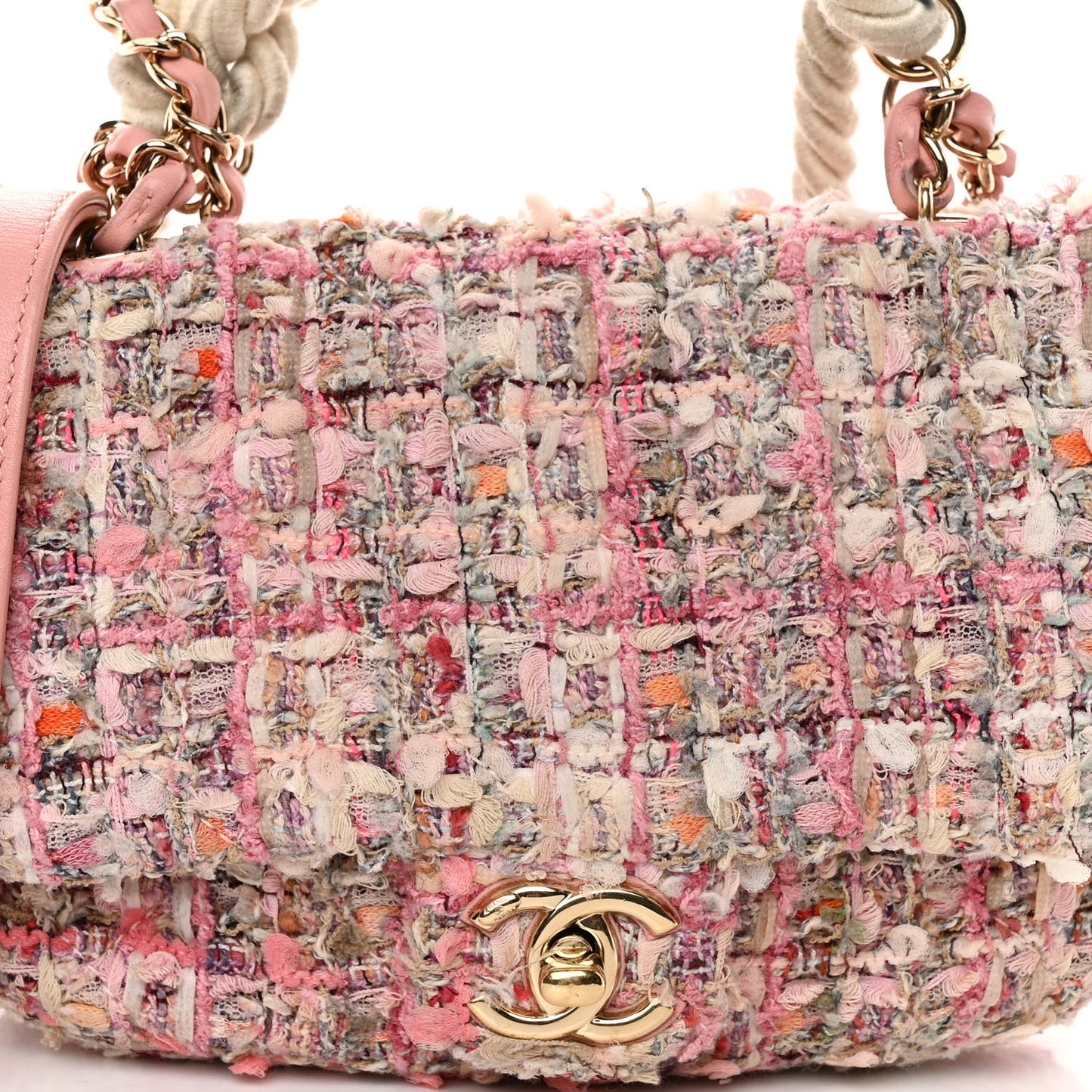 Tweed Mini Pearl Handle Flap Pink Beige Orange Ecru