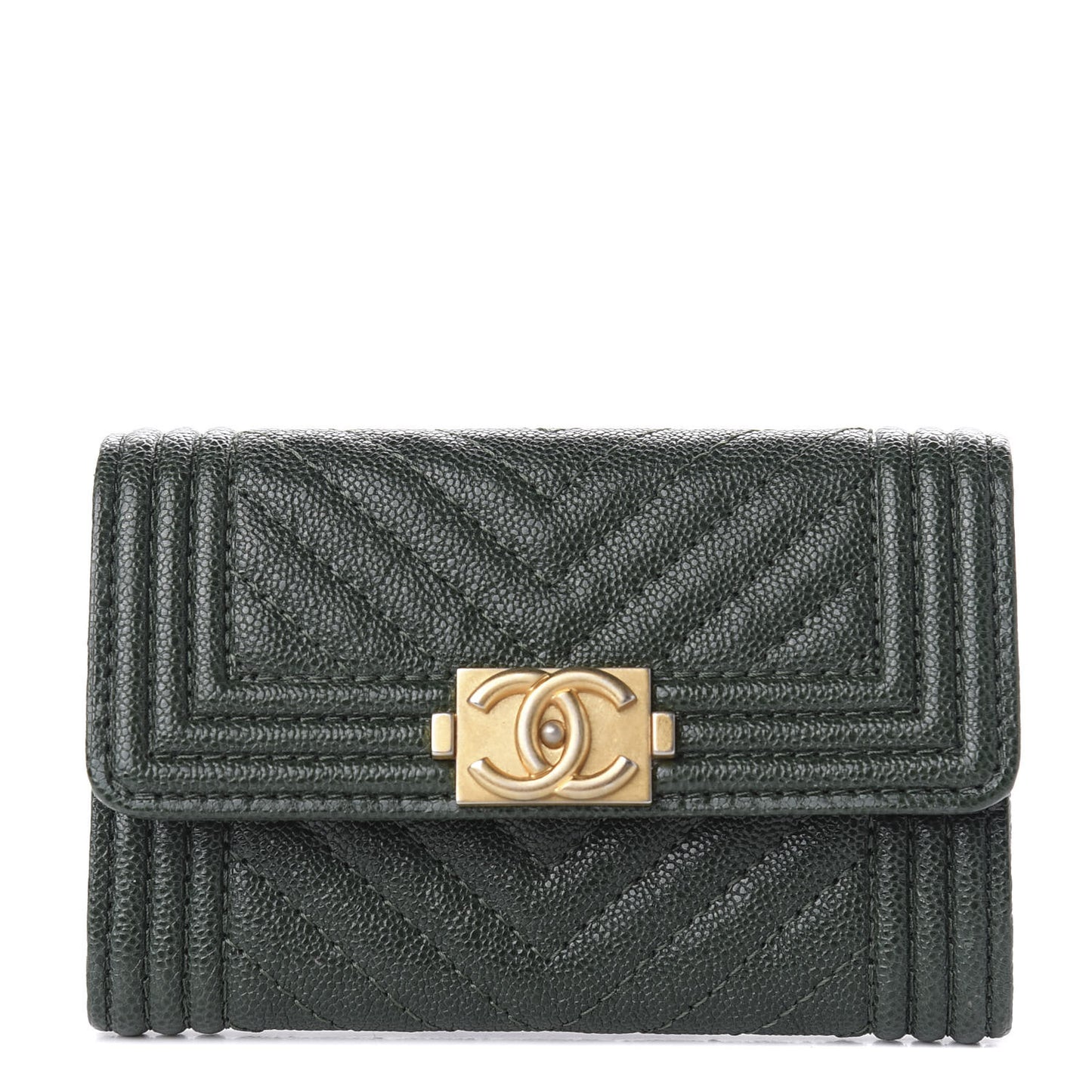 Metallic Caviar Chevron Quilted Boy Flap Card Holder Green