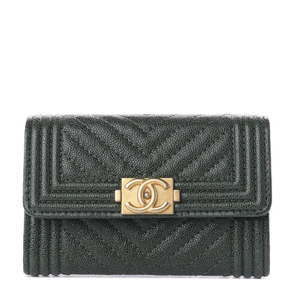 Chanel Metallic Caviar Chevron Quilted Boy Flap Card Holder Green 1 of 8