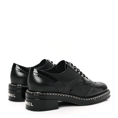 Chanel Lambskin Patent Calfskin CC Brogue Lace Up Oxfords 39.5 Black 4 of 8