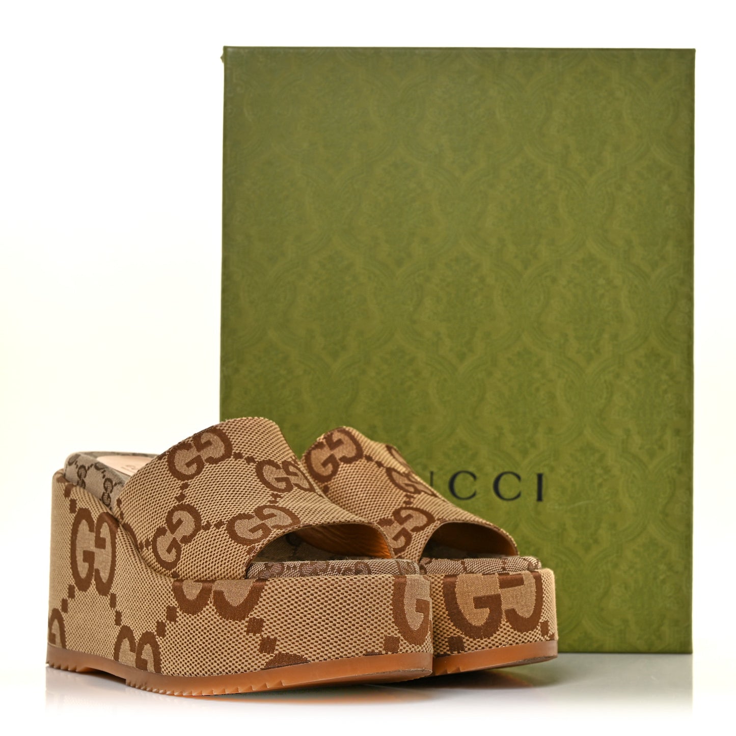 Monogram Jumbo GG Platform Slide Wedge Sandals 39 Camel Ebony