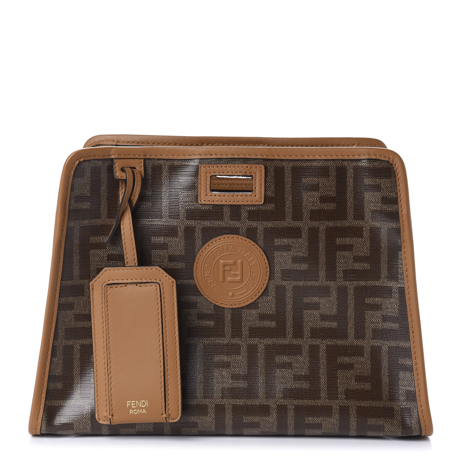 Fendi Glazed Fabric Vitello Century FF 1974 Stamp Patch Mini Peekaboo Defender Cover Mogano Panna Caramello 1 of 12