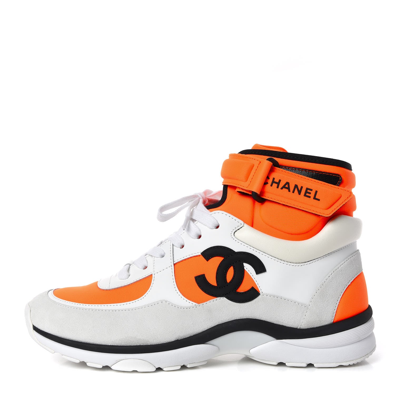 Chanel Suede Calfskin Lambskin Neoprene High Top CC Sneakers 38 White Fluo Orange 1 of 8