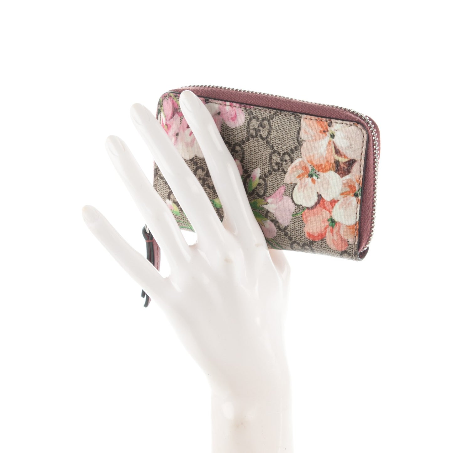 GG Supreme Monogram Blooms Zip Around Card Case Wallet Beige Multicolor Dry Rose