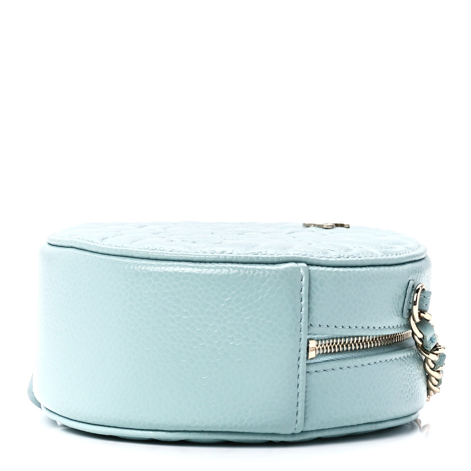 Chanel Caviar Camellia Embossed Round Clutch With Chain Light Blue 9 of 12