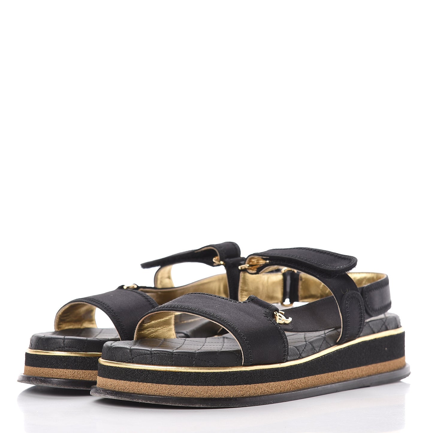 Satin CC Flat Sandals 41 Black Gold