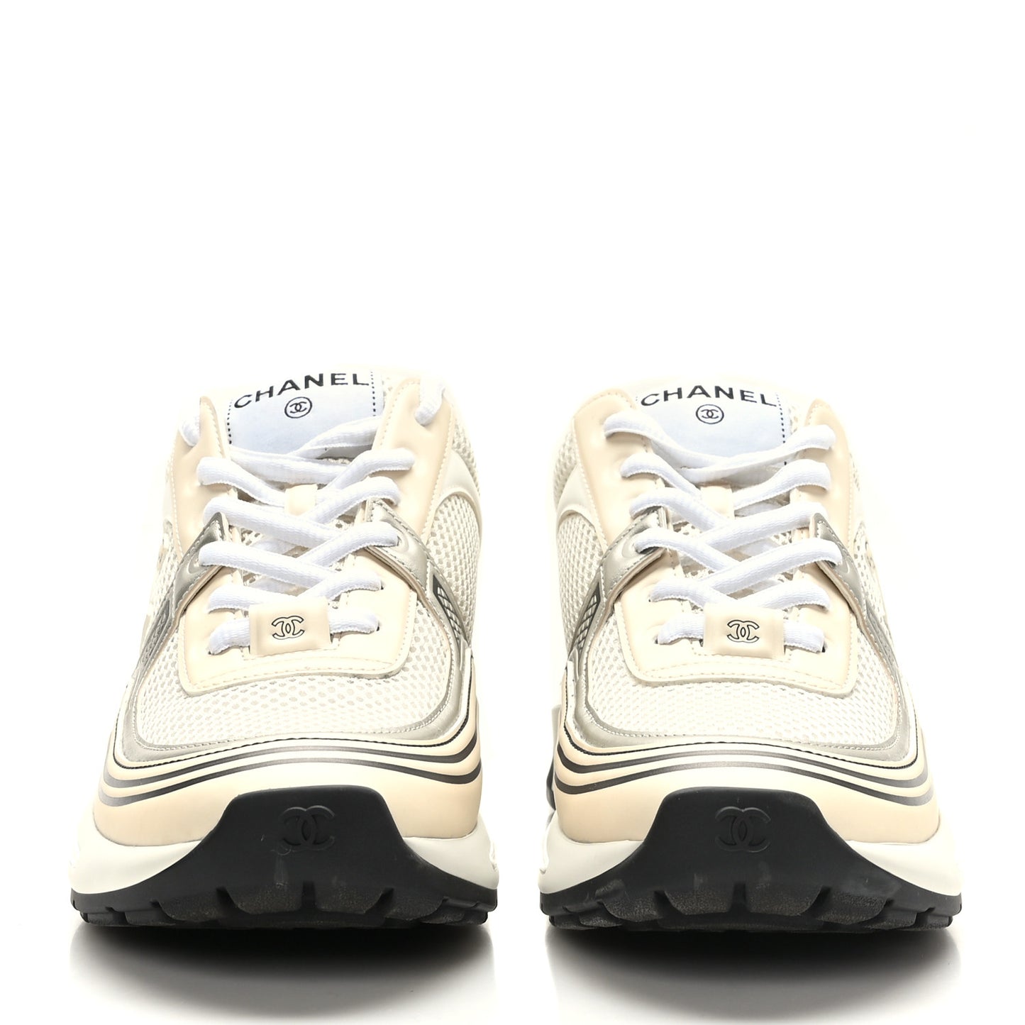 Fabric Laminated Calfskin Stretch CC Womens Sneakers 38 Ivory White Silver