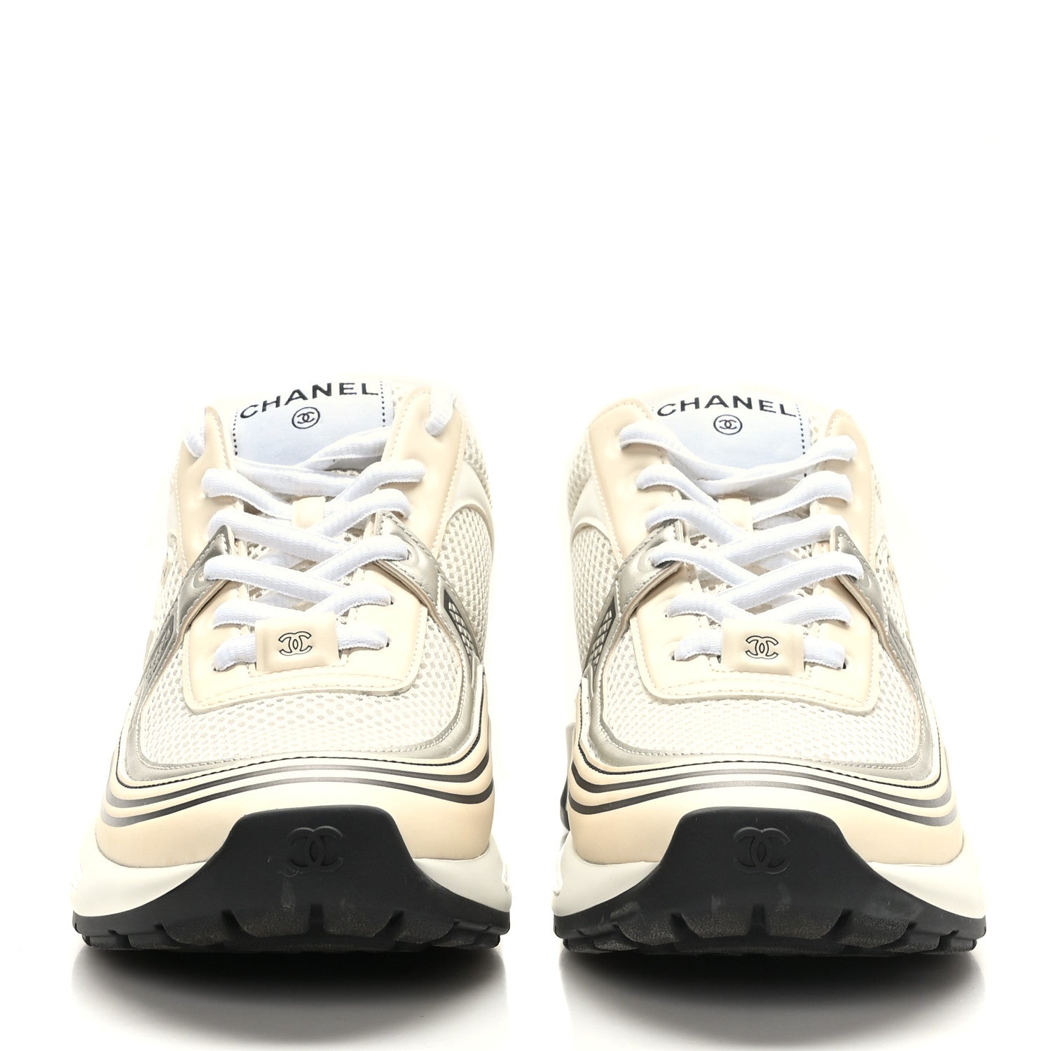 Chanel Fabric Laminated Calfskin Stretch CC Womens Sneakers 38 Ivory White Silver 2 of 8