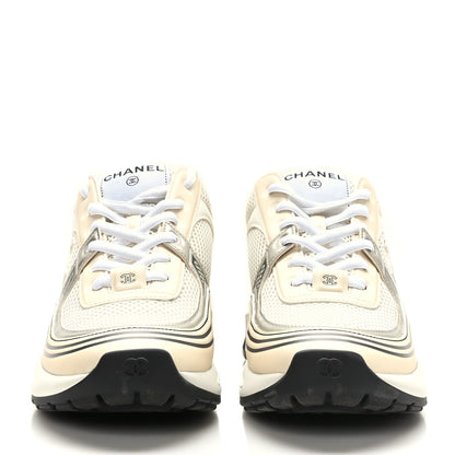 Chanel Fabric Laminated Calfskin Stretch CC Womens Sneakers 38 Ivory White Silver 2 of 8