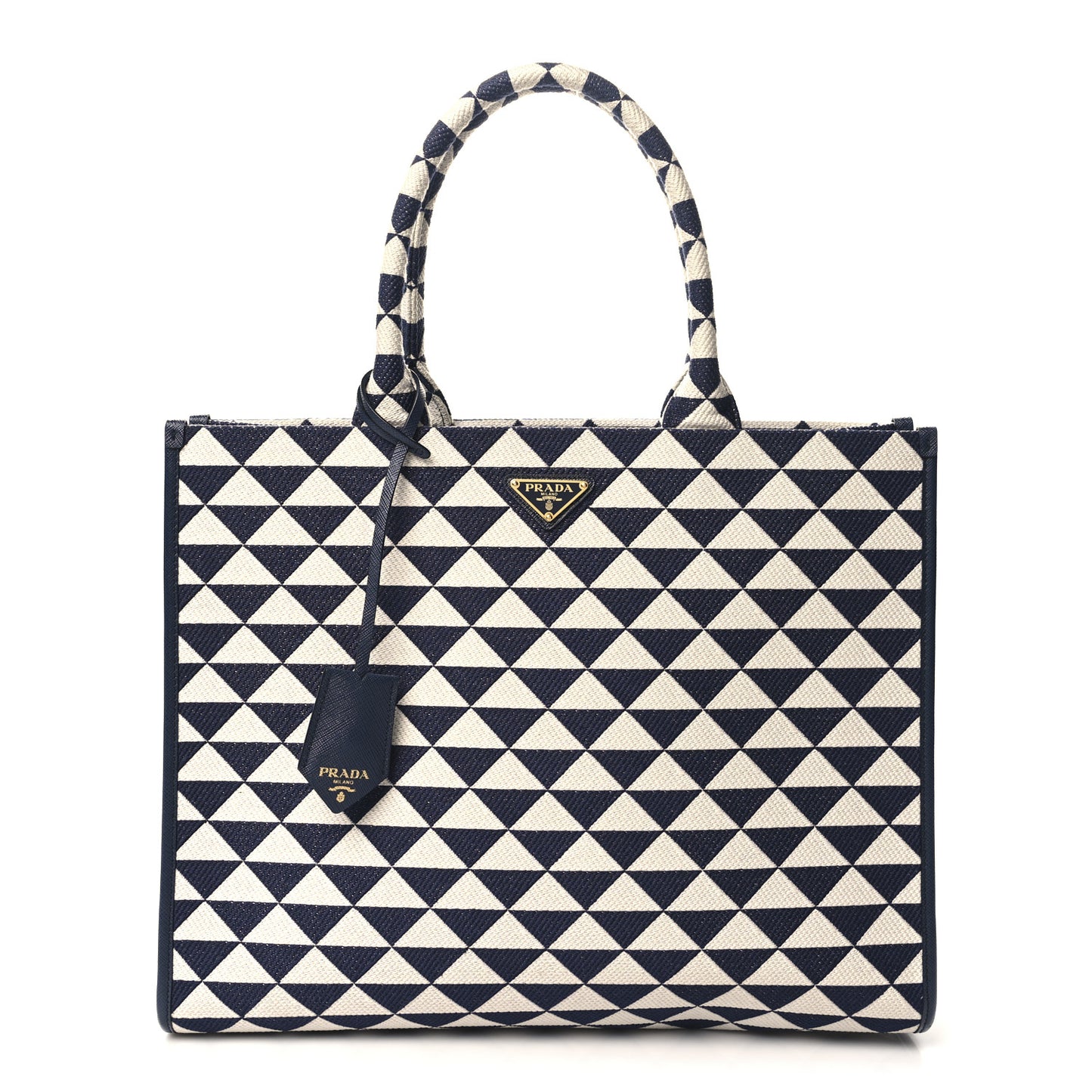 Jacquard Saffiano Triangolo Symbole Embroidered Large Tote Baltico Talco