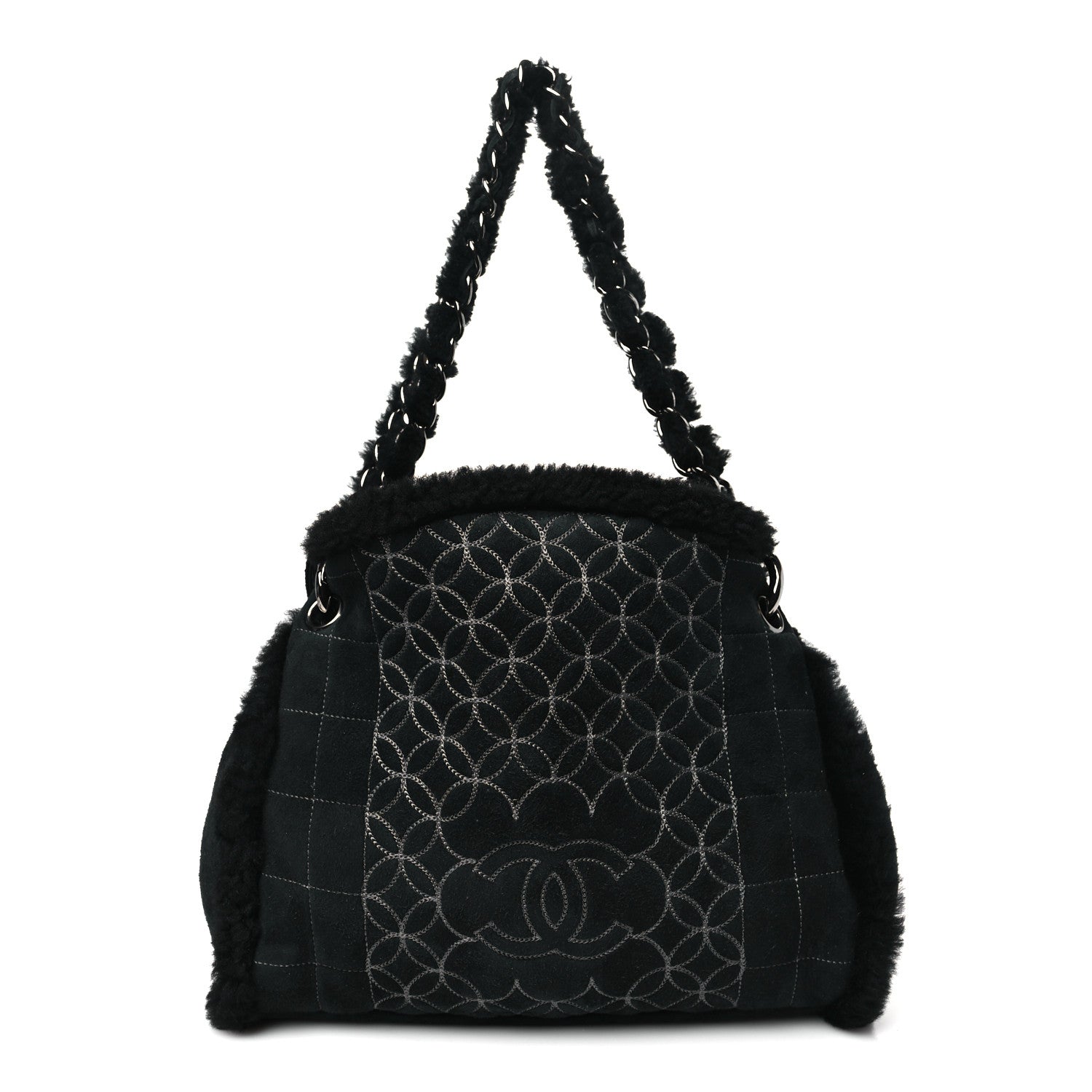 Chanel Suede Shearling Stitched CC Mini Tote Black 1 of 10