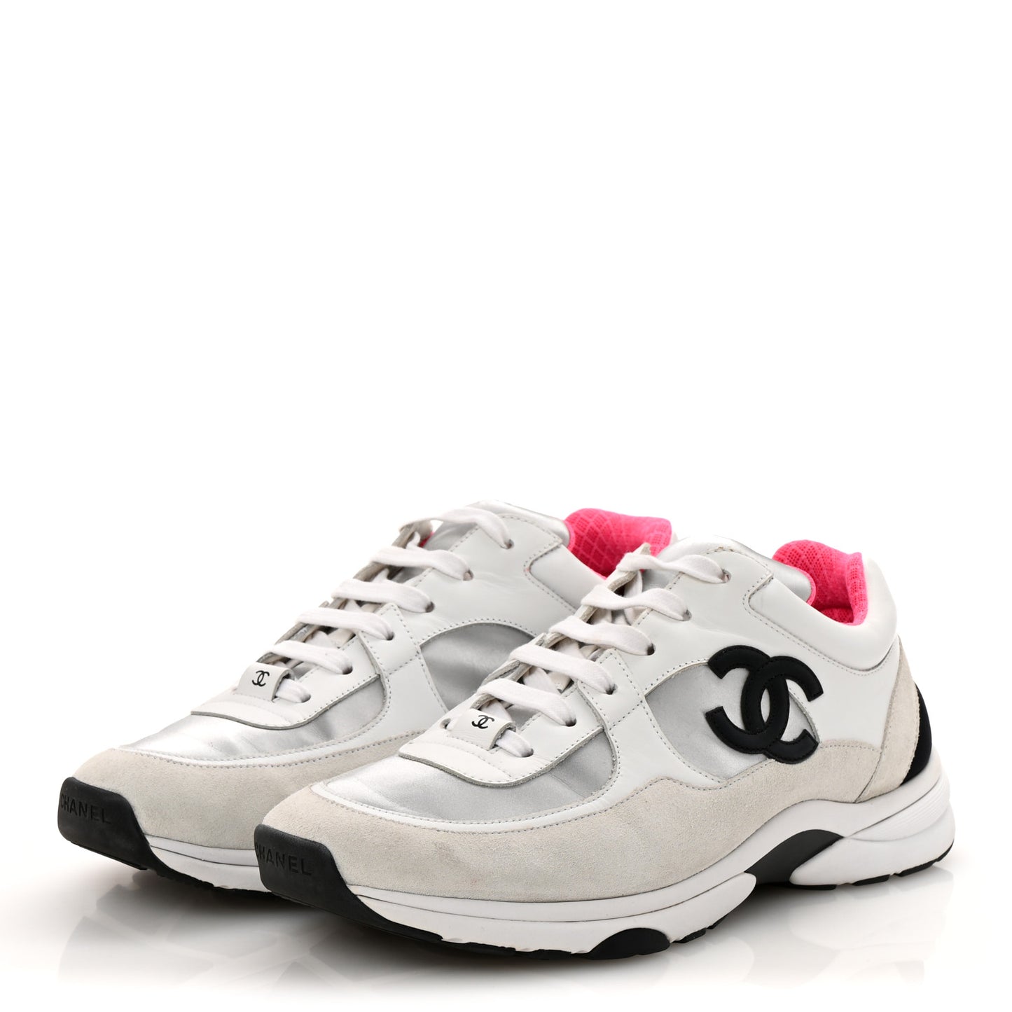 Calfskin Fabric Sneakers 41 White Silver Fluo Pink