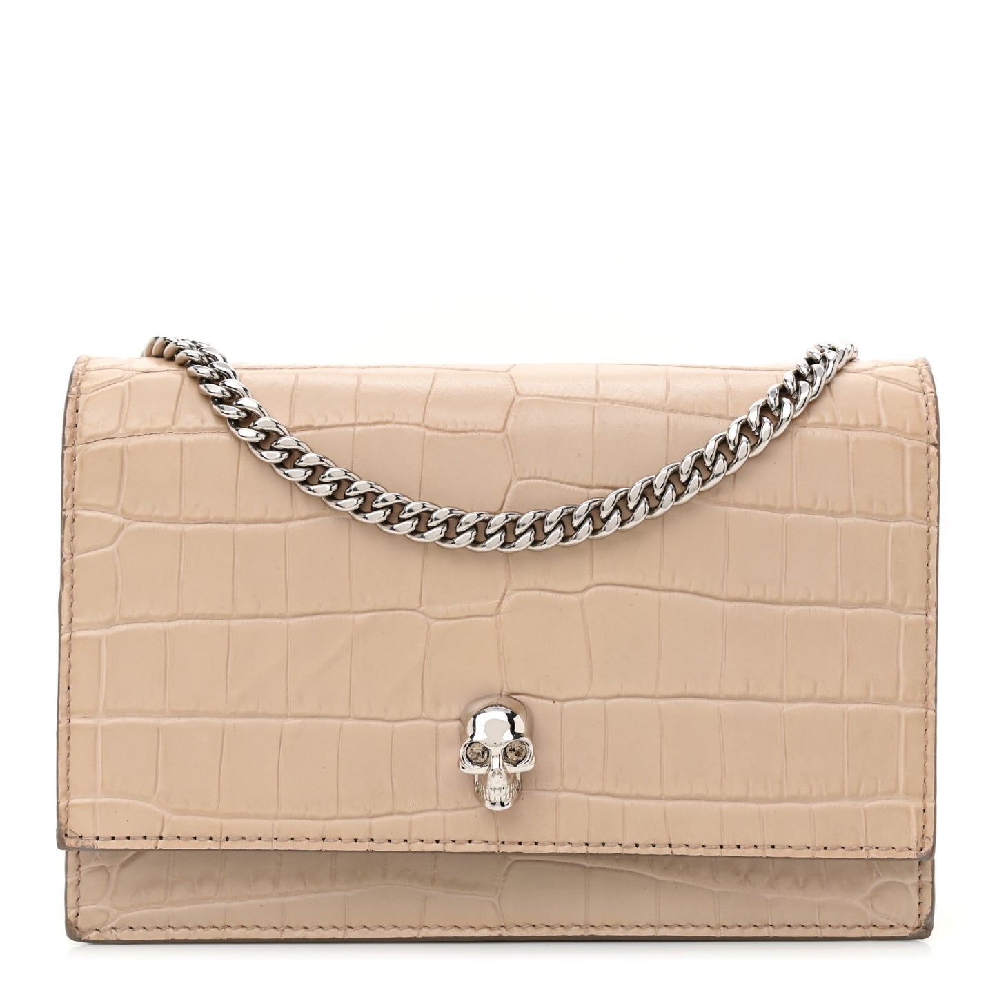 Calfskin Crocodile Embossed Skull Mini Crossbody Bag Beige