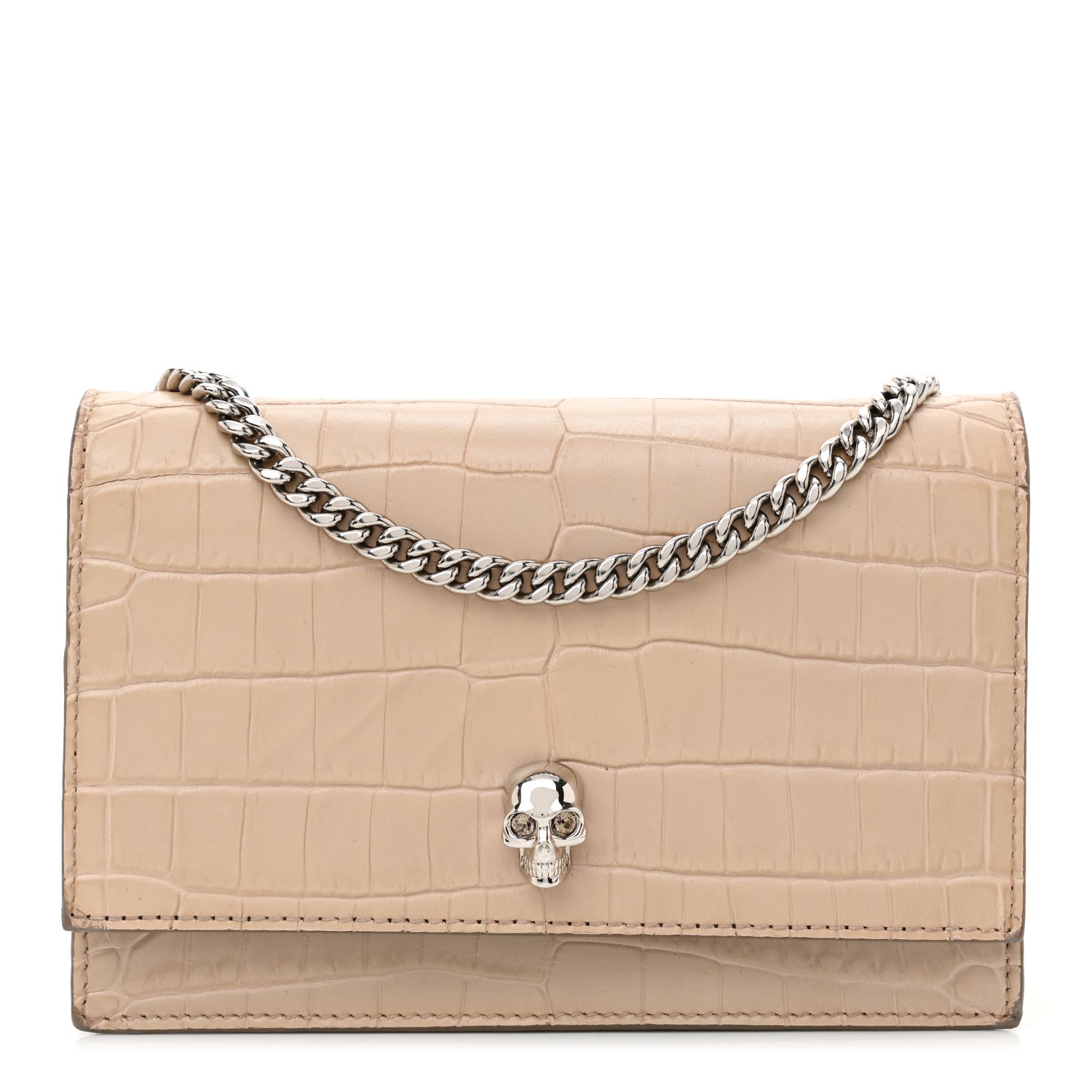 Alexander McQueen Calfskin Crocodile Embossed Skull Mini Crossbody Bag Beige 1 of 8