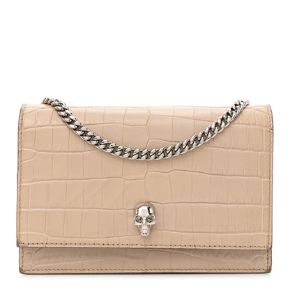 Alexander McQueen Calfskin Crocodile Embossed Skull Mini Crossbody Bag Beige 1 of 8