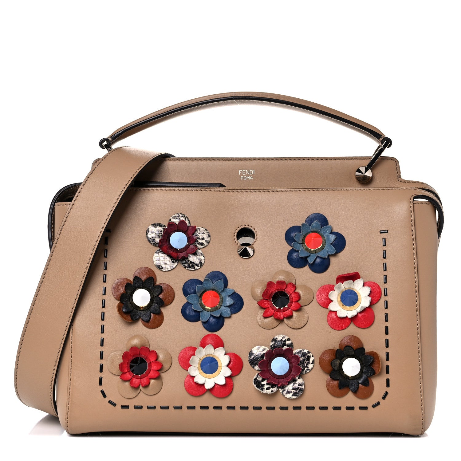 Fendi Calfskin Flowerland Studded Dotcom Satchel Cuoio Multicolor 1 of 15