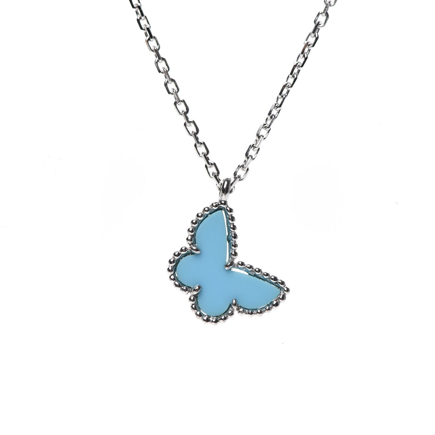 18K White Gold Turquoise Sweet Alhambra Butterfly Pendant Necklace