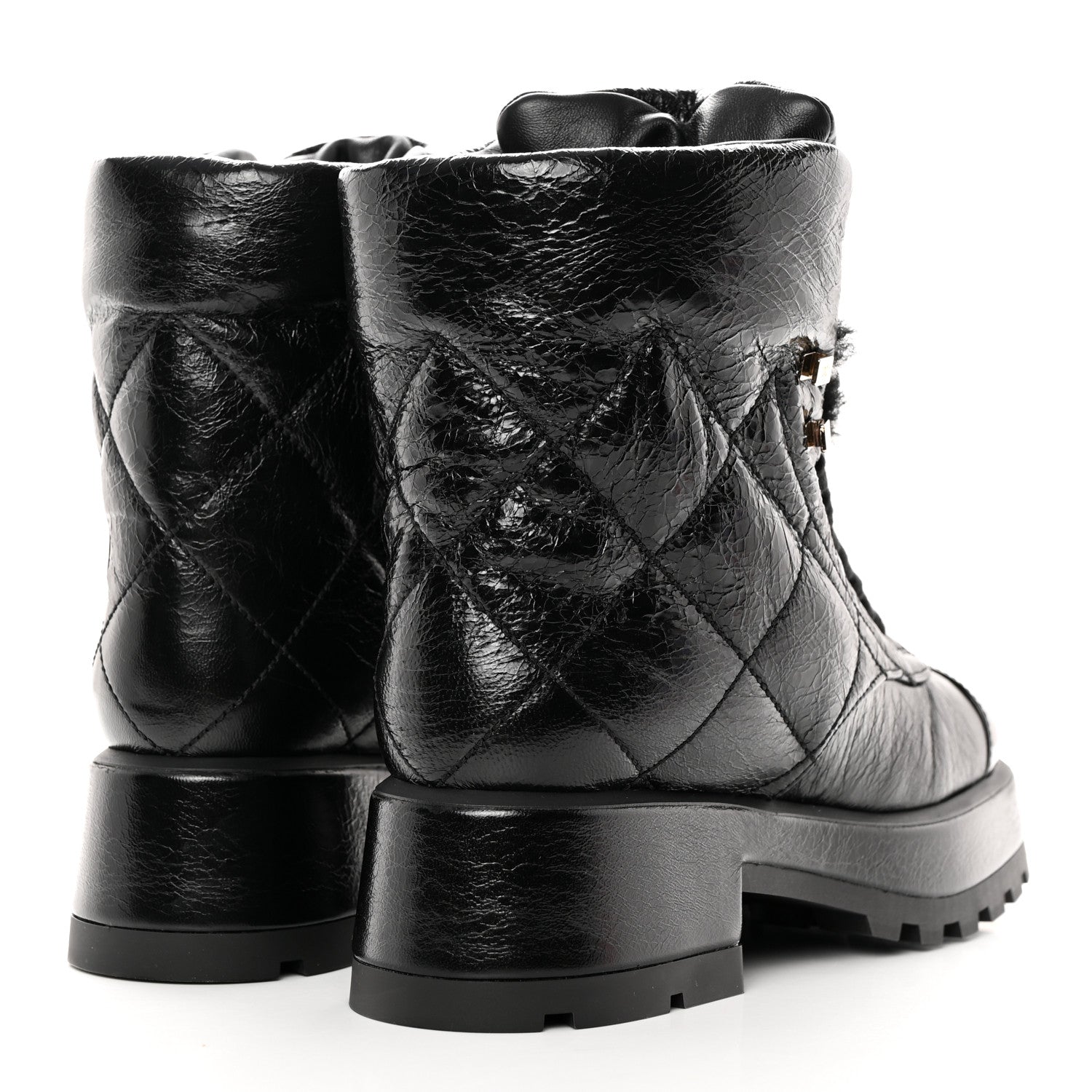 Chanel Crumpled Patent Lambskin Calfskin Quilted Lace Up Combat Boots 37.5 Black 4 of 10