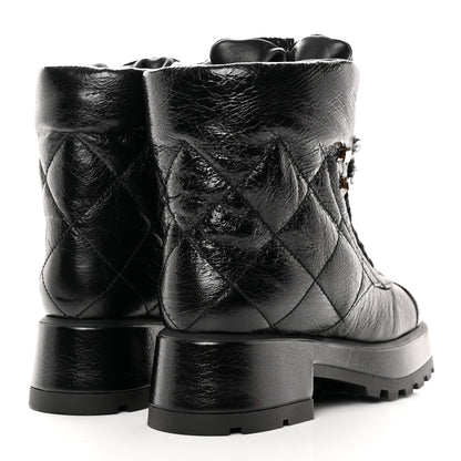 Chanel Crumpled Patent Lambskin Calfskin Quilted Lace Up Combat Boots 37.5 Black 4 of 10