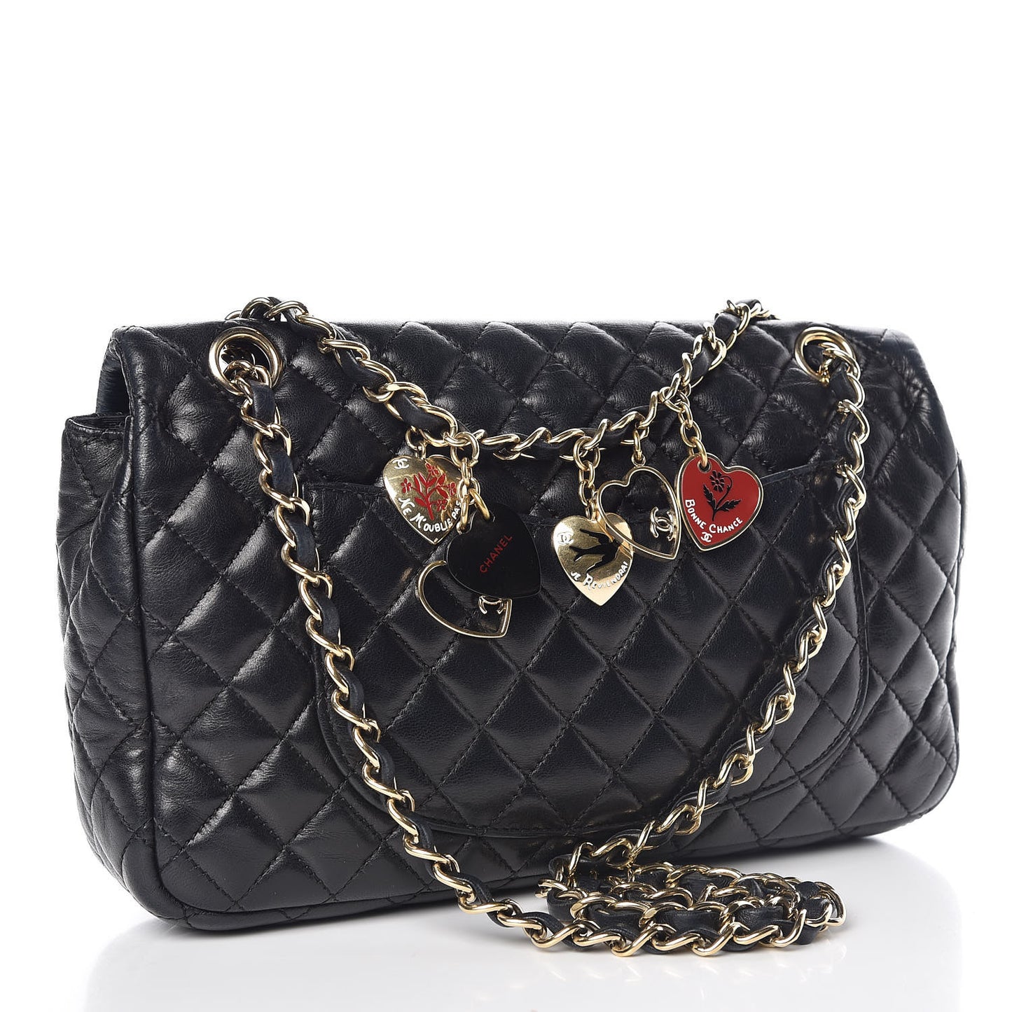 Lambskin Quilted Valentine Charms Medium Single Flap Black
