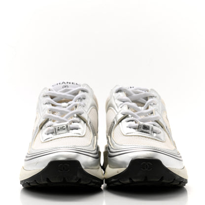 Chanel Fabric Laminated Calfskin Stretch CC Womens Sneakers 39 White Silver 2 of 10
