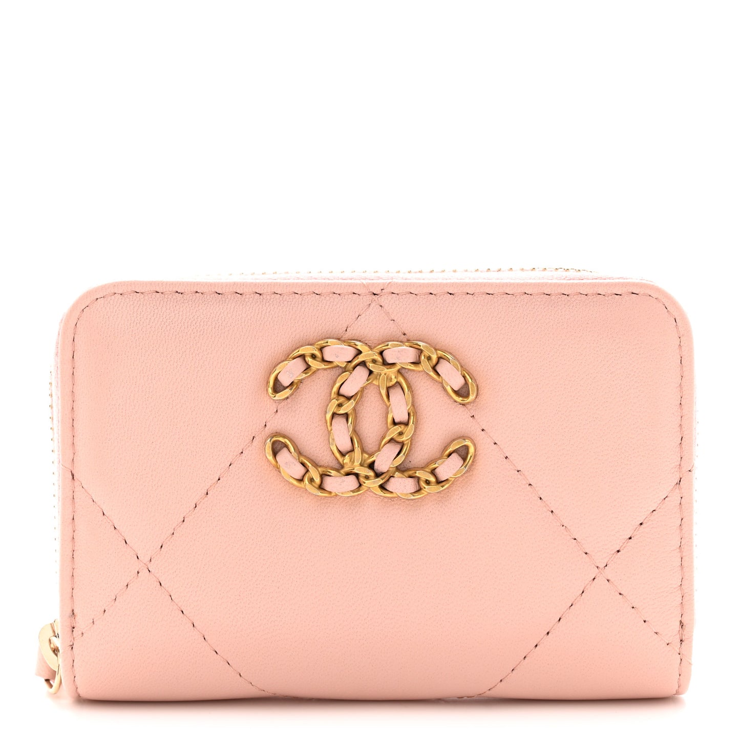 Lambskin Quilted 19 Zip Around Coin Purse Wallet Light Pink