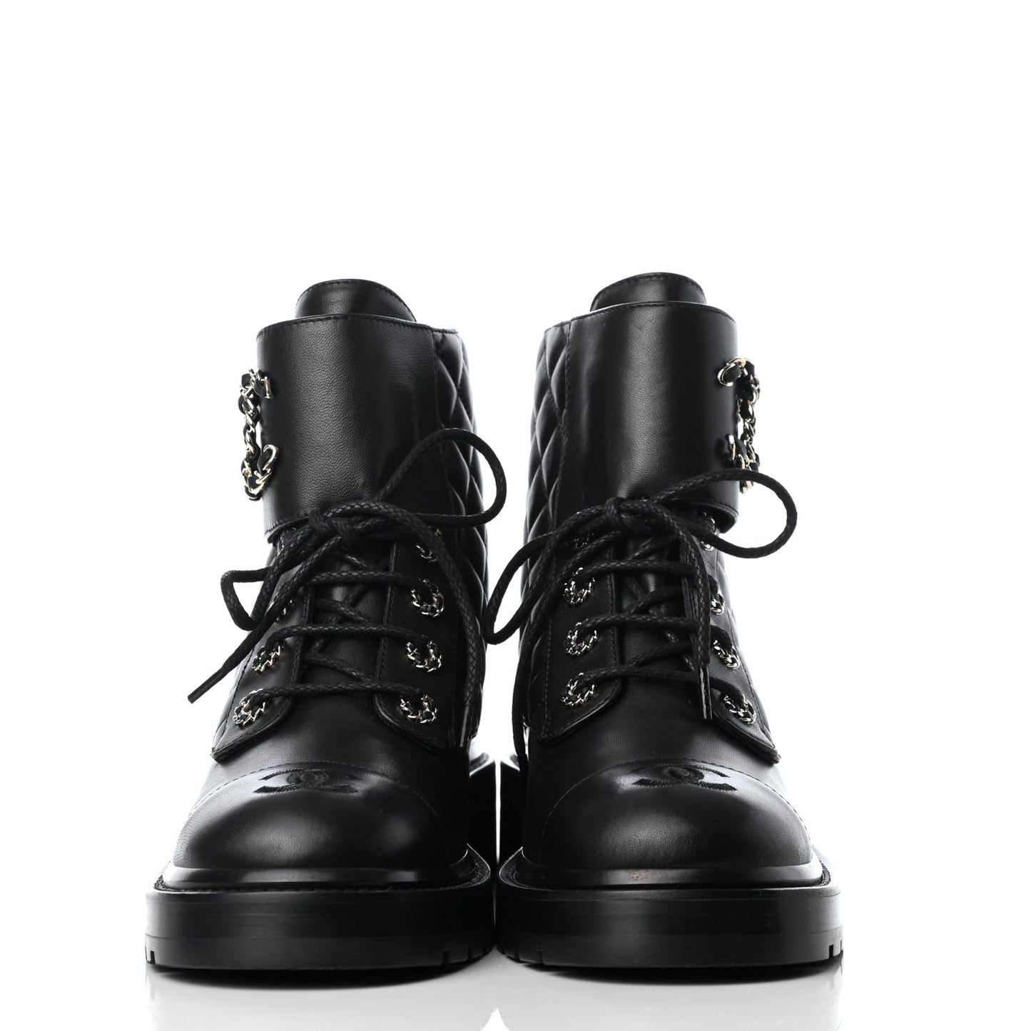Shiny Lambskin Quilted Lace Up Combat Boots 38.5 Black