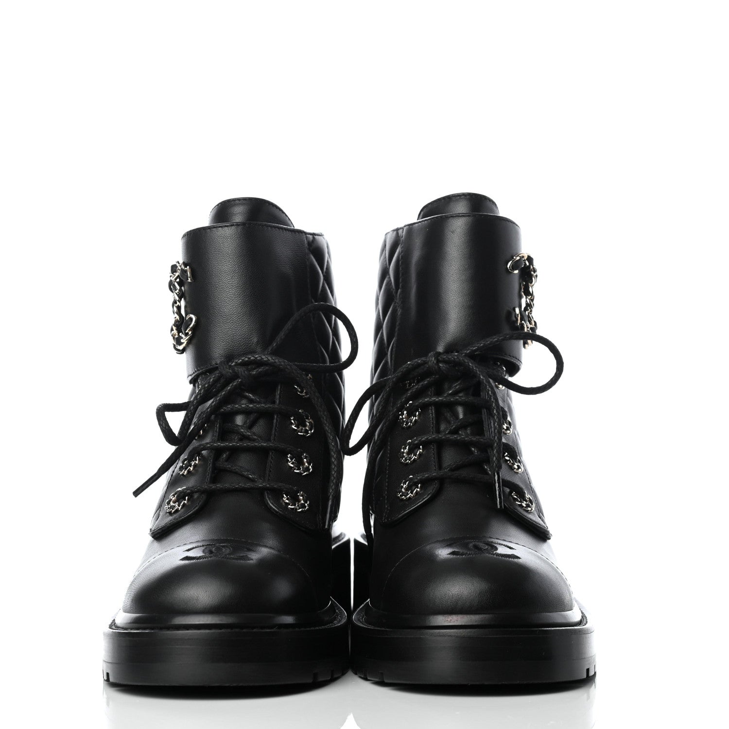 Chanel Shiny Lambskin Quilted Lace Up Combat Boots 38.5 Black 3 of 22