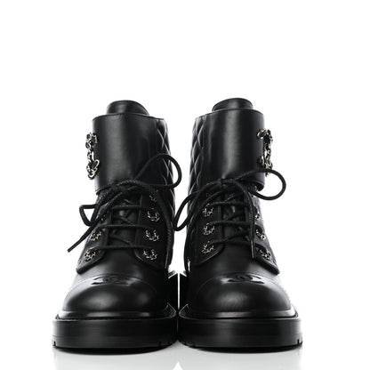 Chanel Shiny Lambskin Quilted Lace Up Combat Boots 38.5 Black 3 of 22