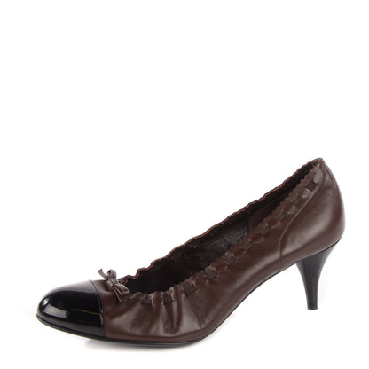 Chanel Lambskin Patent Elastic Cap Toe Pumps 38 Brown Black 1 of 6