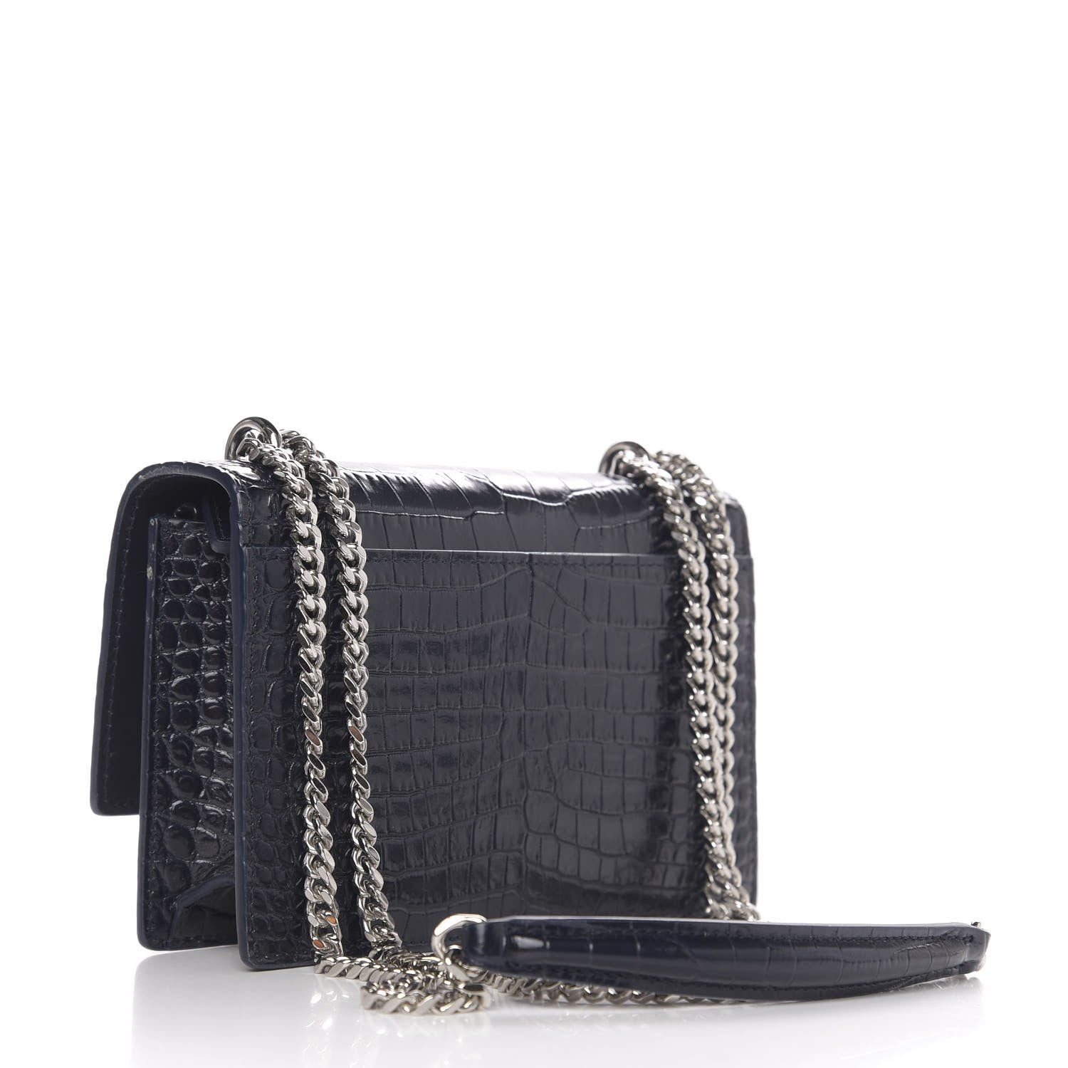 Saint Laurent Calfskin Crocodile Embossed Monogram Sunset Chain Wallet Navy 3 of 9