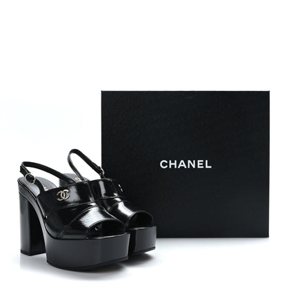 Chanel Crumpled Patent Lambskin Platform Sandals 38.5 Black 9 of 9