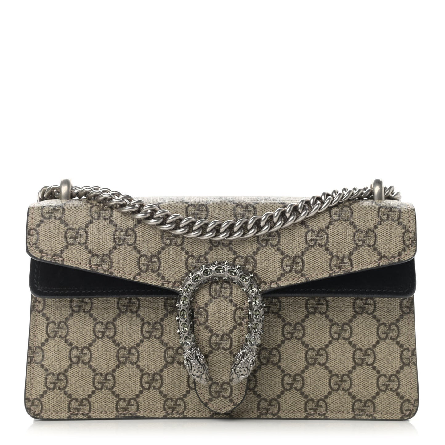 GG Supreme Monogram Suede Crystal Small Dionysus Shoulder Bag Beige Ebony Black