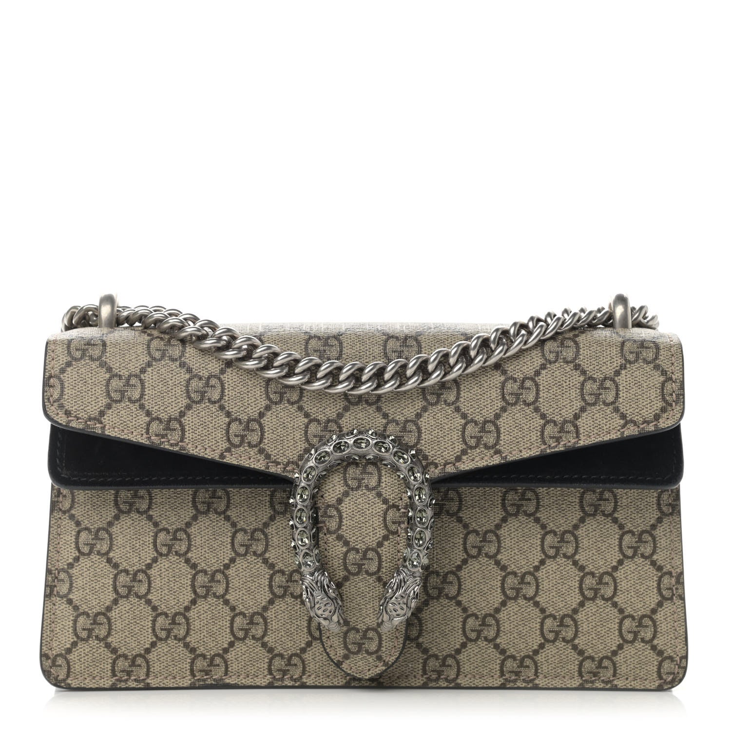Gucci GG Supreme Monogram Suede Crystal Small Dionysus Shoulder Bag Beige Ebony Black 1 of 14