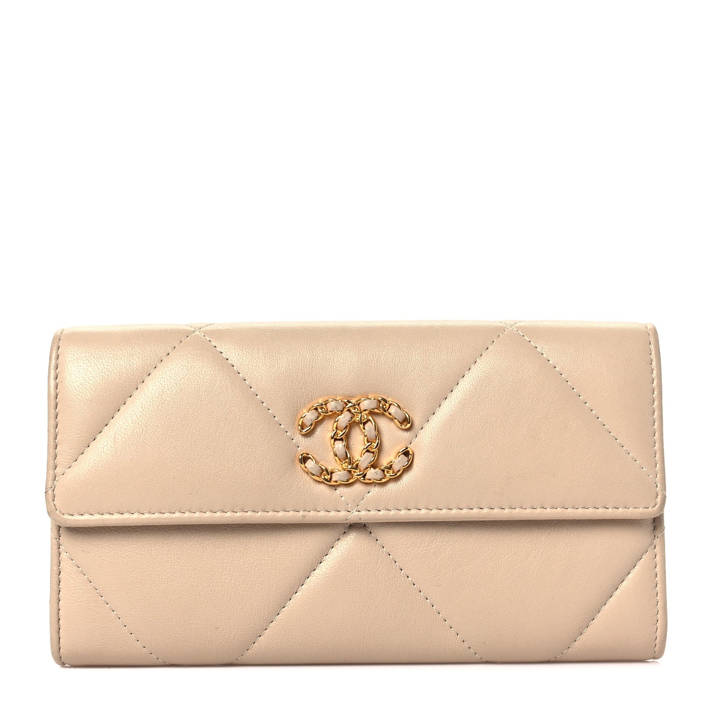 Lambskin Quilted Chanel 19 Flap Wallet Beige