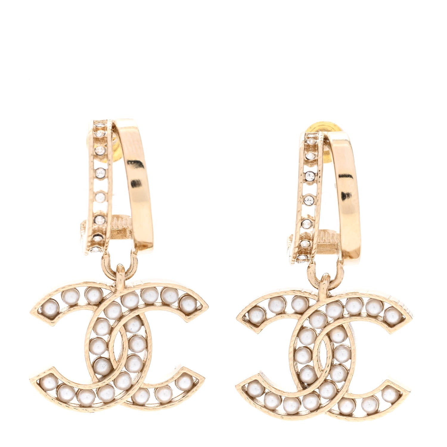 Chanel Crystal Pearl CC Hoop Drop Earrings Gold 1 of 4